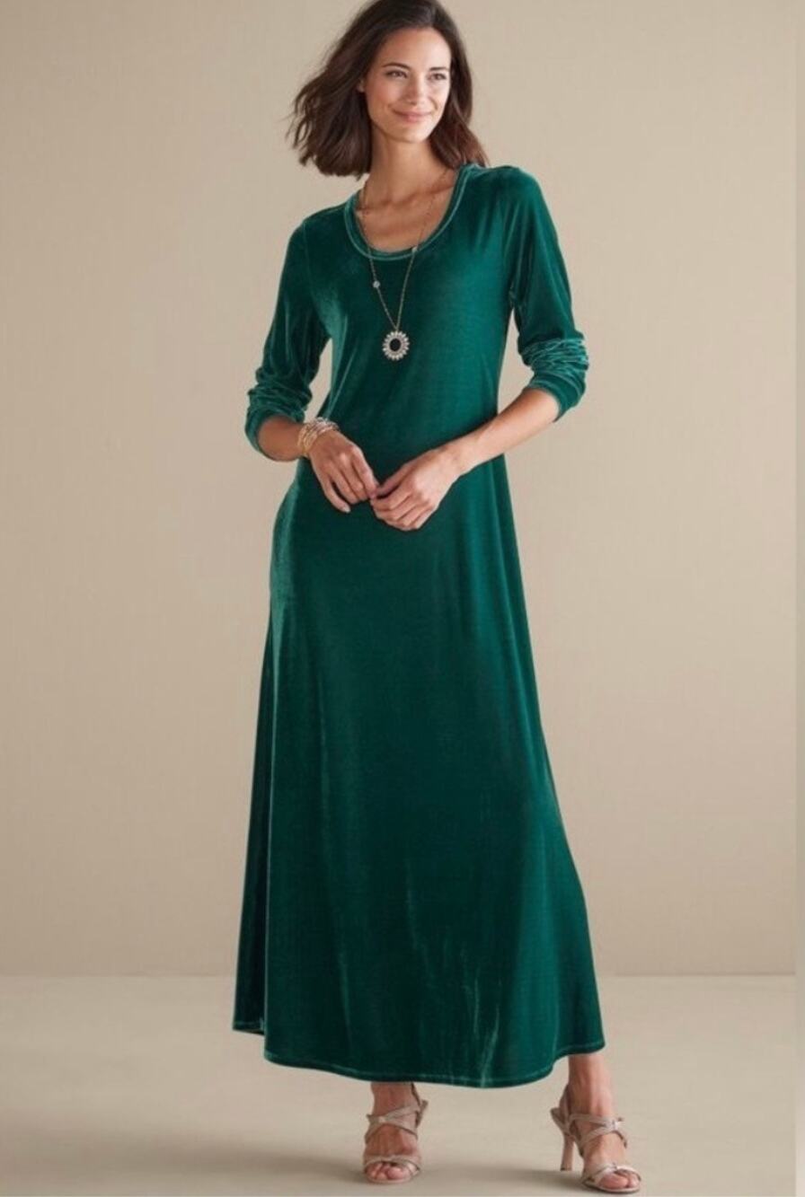 Soft Surroundings Long Sleeve Green Velvet Maxi Dress Women's Medium Holiday